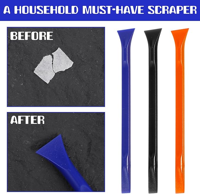12 PCS Plastic Scraper Non Scratch Scrapers Cleaning Tool Multi-Purpose Label Scraper Remover Pen for Paint, Stickers, Labels, Tight Spaces, Crevices (Black, Blue, Orange)