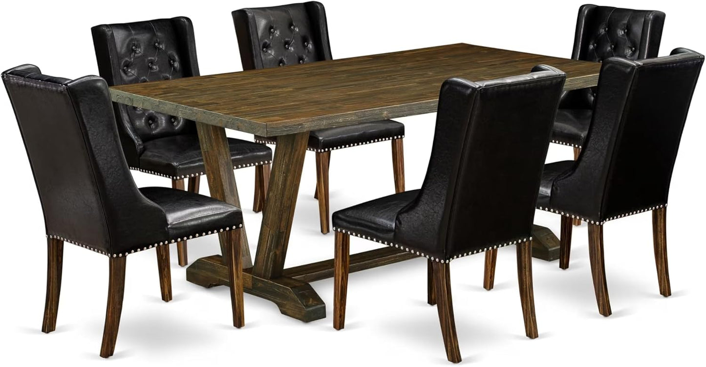 East West Furniture V777FO749-7 7 Piece Modern Dining Table Set Consist of a Rectangle Wooden Table with V-Legs and 6 Black Faux Leather Parsons Dining Chairs, 40x72 Inch, Multi-Color