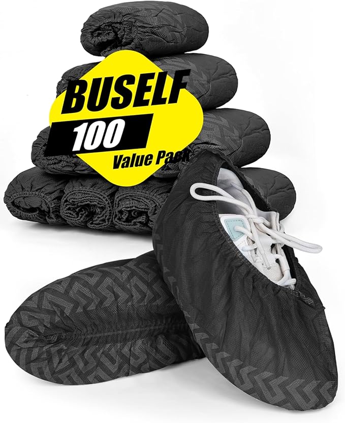 X-Large 100 Count Shoe Covers Disposable Non-Slip, Premium Cloth Boot Covers, Slip-resistant, Durable, Breathable, Non-toxic, Recyclable, Stretchable Fits Up to Size 13 US Men - Black