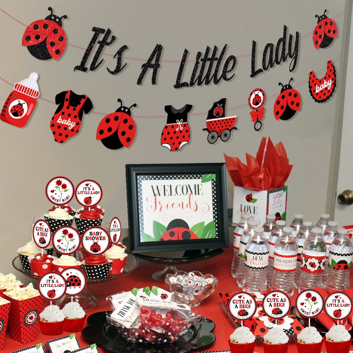 Cheereveal Ladybug Baby Shower Decorations It’s A Little Lady Banner Cake Topper Balloons for Ladybird Birthday Party Supplies