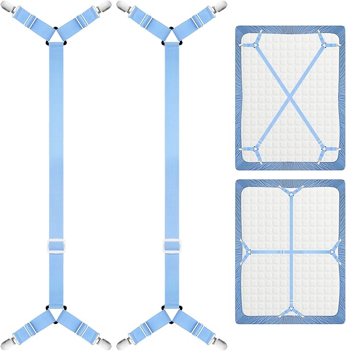 Morcheiong 2 Pack Bed Sheet Fasteners Straps Adjustable Bed Sheet Holder Bands with Sheet Clips for Bedding Stays Bedsheet Tie Downs -Blue