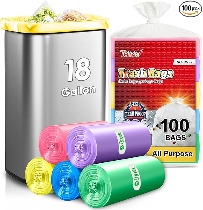 Colorful Clear Strong Tall Kitchen Trash Bags 18 Gallon 100 Counts,Fit 10,13,15,16,18 Gal Garbage Bags by Teivio, Bin Liners, Plastic Bags for home Office Bathroom,Multicolor