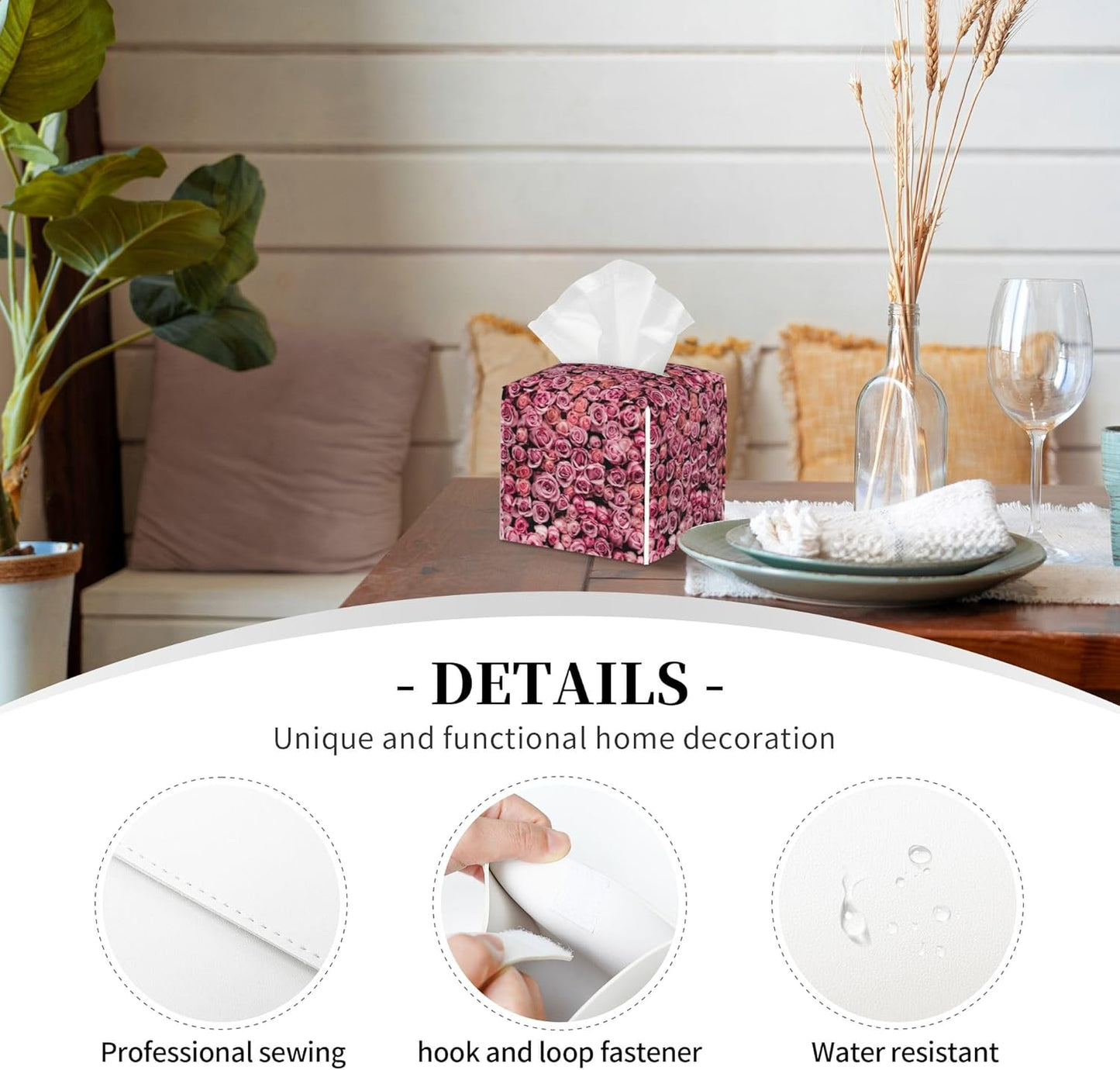Pink Rose Flower Tissue Box Cover Leather Tissue Box Holder Square Facial Paper Organizer Dispenser for Bathroom Kitchen Bedroom Vanity Countertop Night Stands