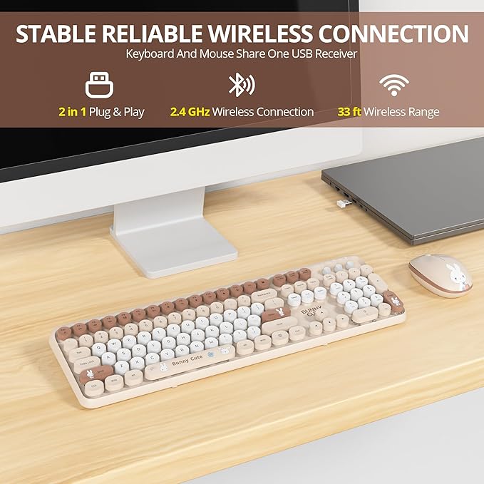 Owpkeenthy Cute Beige Keyboard and Mouse Wireless, Colorful Keyboard Retro Typewriter Style Full-Sized with Number Pad Round Keys for Desktop, Laptop and Computerr (Bunny Beige)