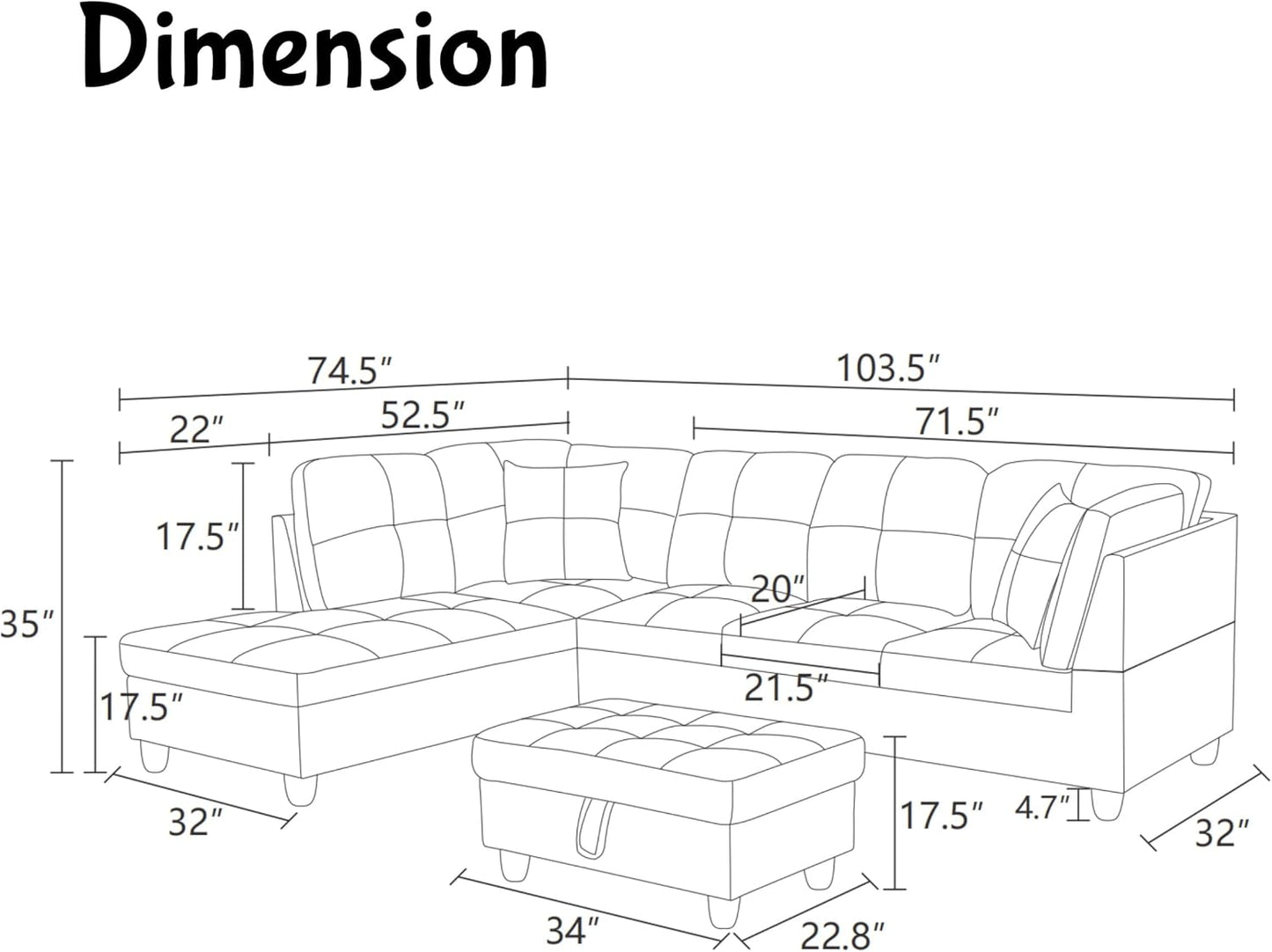 Modern Living Room Furniture Sets with Pillows, Modular Sectional Couches with Chaise Lounge, 4-Seaters L Shape Sofa with Storage Ottoman, for Living Room, Brown
