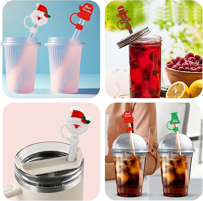 Christmas Silicone Straw Covers Cap for Stanley Cup, Cute Straw Topper for Stanley 30&40 Oz Tumbler, Reusable Dust-Proof Drinking Straw Cover, Set of 4 (Marry Christmas)