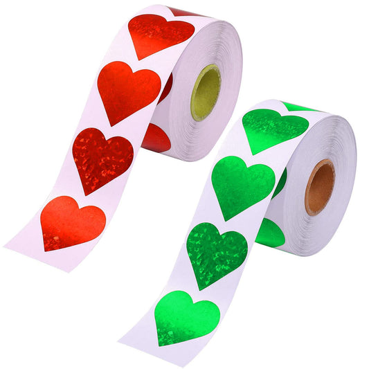 1.5" Glitter Red Heart Stickers and 1.5" Glitter Green Heart Stickers, 2 Roll 1000 Piece