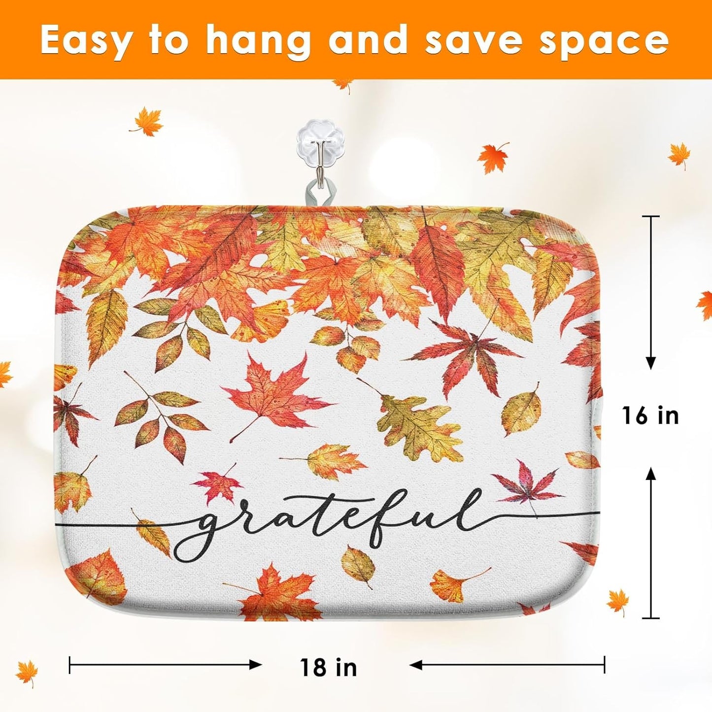 Sanwarm Absorbent Dish Drying Mat, Autumn Fall Leaves Microfiber Pad for Kitchen Counter, Thanksgiving Grateful for Coffee Bar Decor, Heat Resistant and Reversible, 16" x 18"