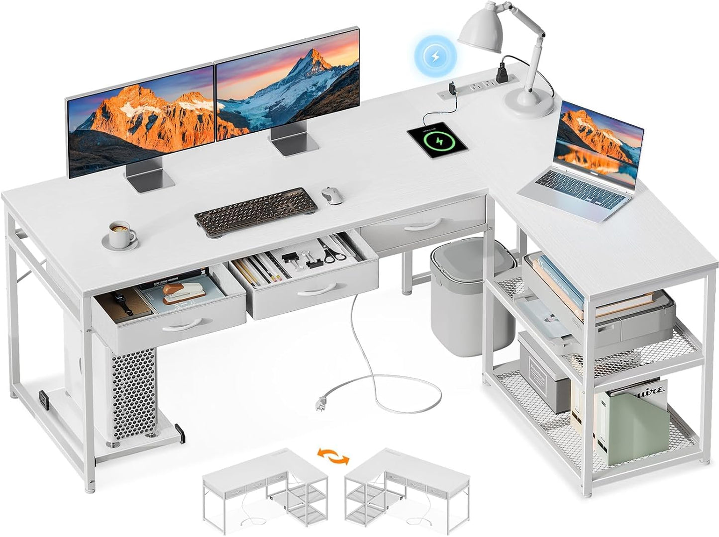 AODK 61 Inch L Shaped Computer Desk with Drawers, Corner Desk with Power Outlets & Reversible Storage Shelves, Movable CPU Stand for Home Office Gaming, White