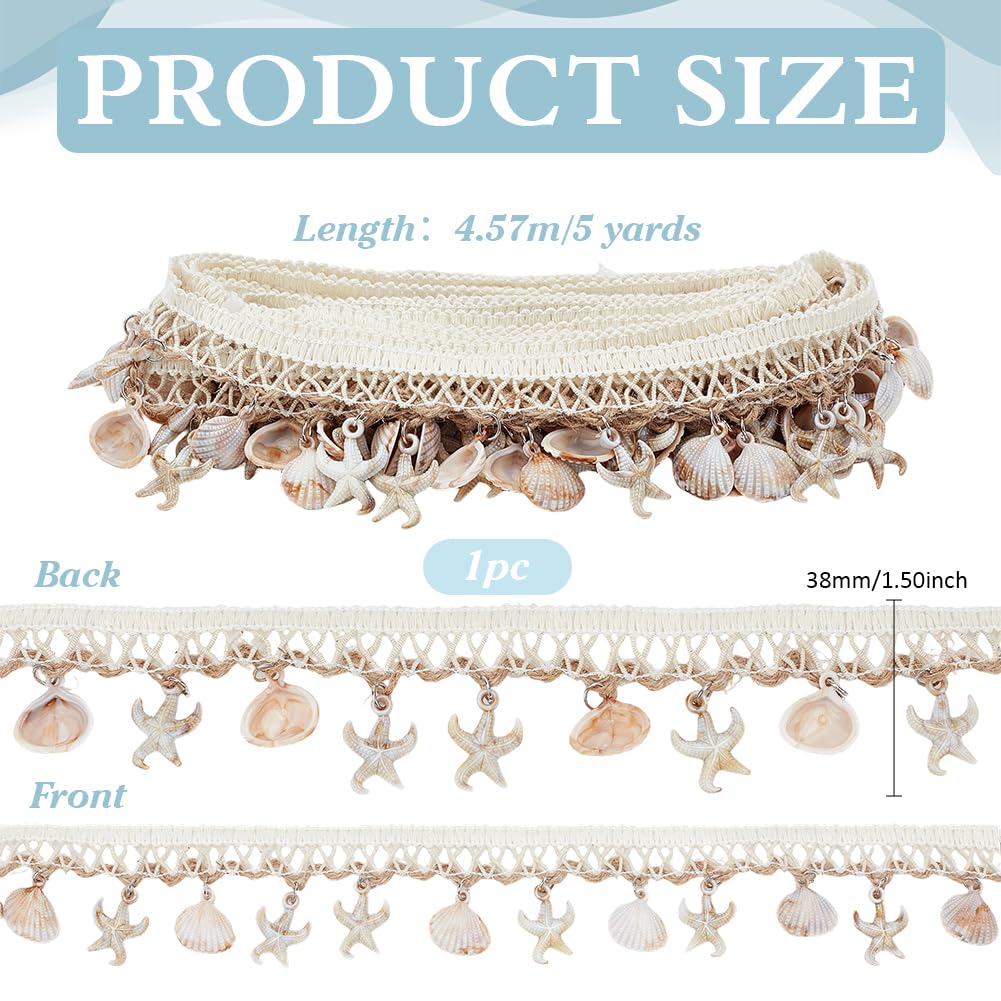PH PandaHall 5 Yards 1-1/2 Inch Shell Fringe Trim Starfish & Shell Charms Boho Lace Ribbon Ethnic Style Craft Ribbon Fringes Trim with Shells for Clothing Lampshade Curtain Home Beach Party Decor