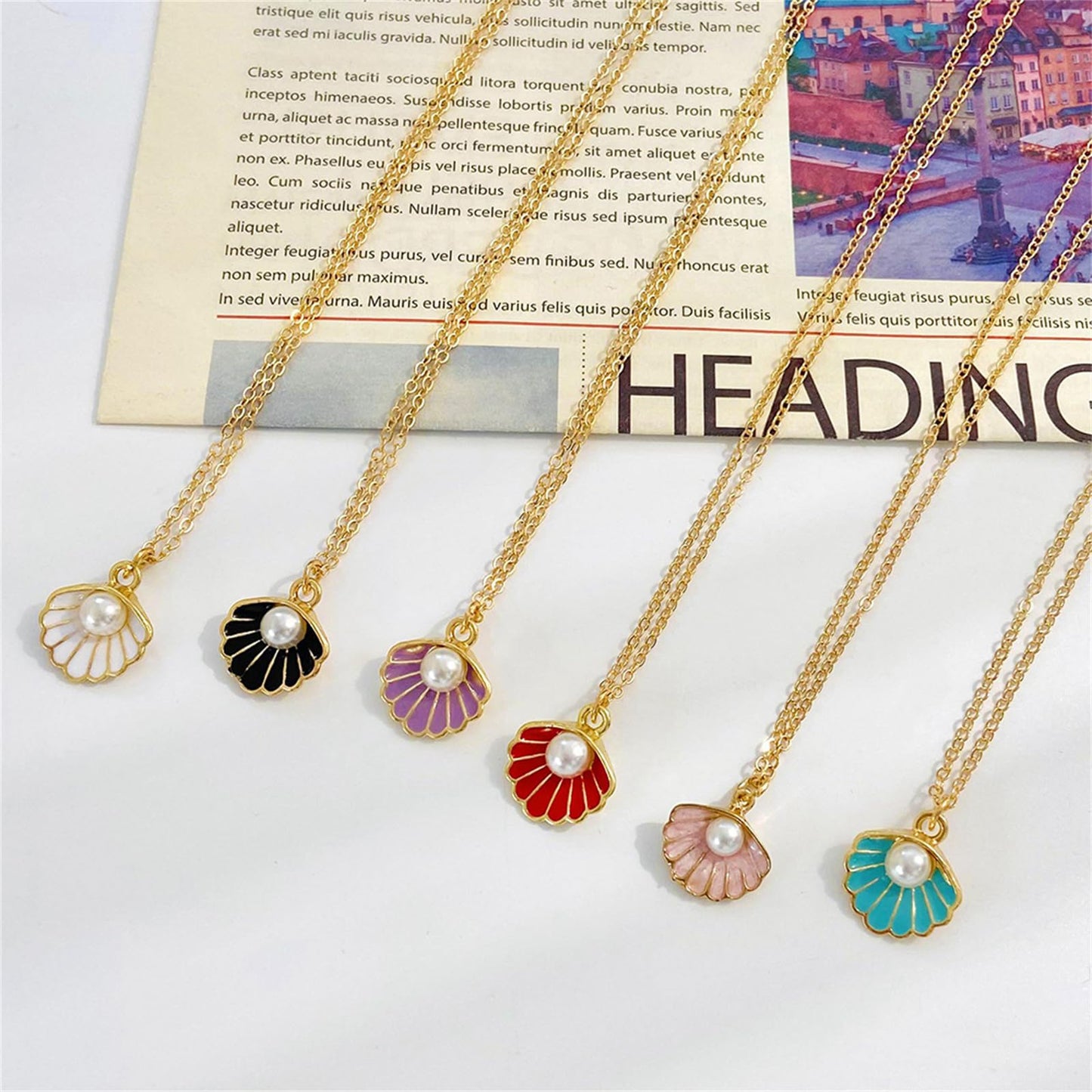 Seashell Pearl Pendant Necklace Gold Plated Boho Enamel Pink Blue Scallop Sea Shell Starfish Ocean Animal Chain Necklace for Women Hawaiian Summer Beach Holiday Fashion Jewelry Gifts (Purple)