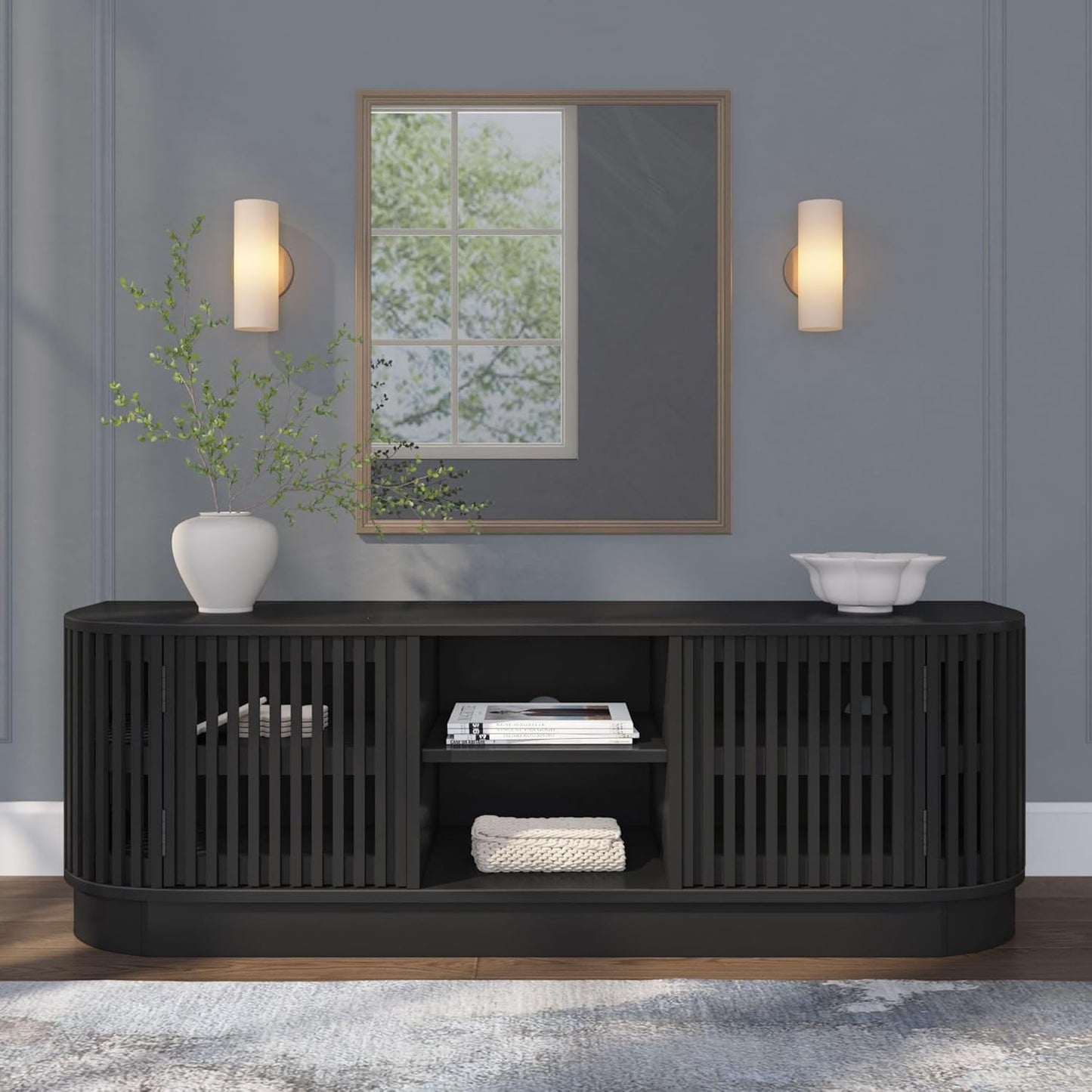 Plank+Beam Contour Wood TV Stand, Solid Wood Entertainment Console with Storage, 59" L x 16" W x 19" H, Black