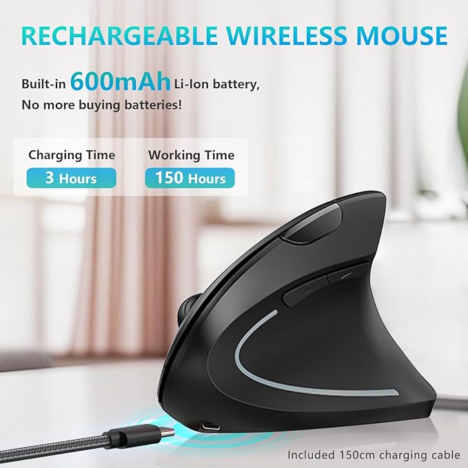 Lekvey Ergonomic Mouse, USB C Wireless Vertical Mouse, Dual Mode Rechargeable USB-A & Type-C Ergo Mouse, 1600 DPI, Relieves Wrist Pain and Carpal Tunnel, for Laptop Computer Mac MacBook PC, Black