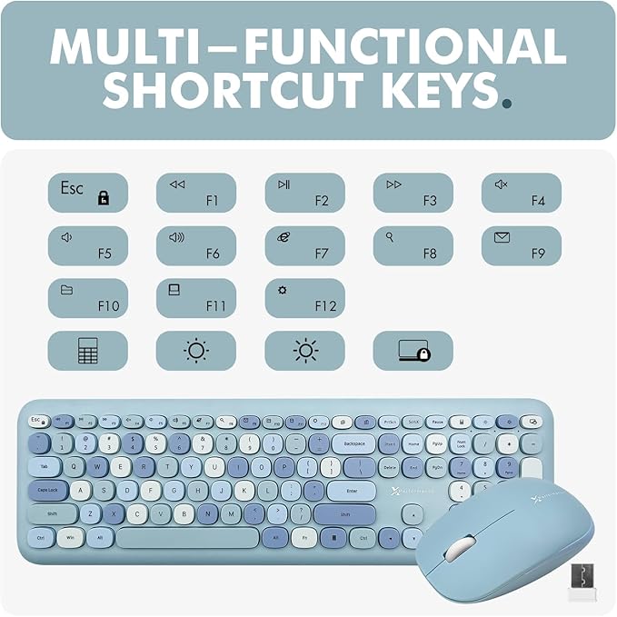 X9 Cute Keyboard and Mouse Combo - Transform Your Space with a Colorful Blue Wireless Keyboard and Mouse Retro Set (110 Keys and 18 Shortcuts) - Aesthetic Keyboard for PC Computer, Laptop