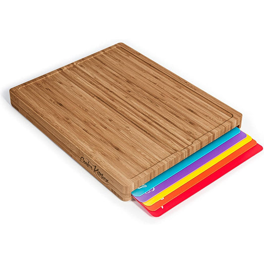 Cooler Kitchen Bamboo Wood Cutting Board Set with 6 Color Coded Flexible Plastic Chopping Mats with Food Icons, Wooden Cutting Boards for Kitchen, Wooden Chopping Board Non Toxic Dishwasher Safe