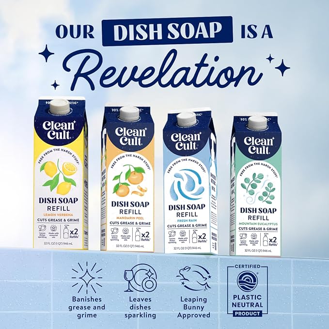 Cleancult Dish Soap Liquid Refills - Plant Based Cleaning Power - Cuts Grease & Grime - Free of Harsh Chemicals - Uses 90% Less Plastic - Mountain Eucalyptus - 32 oz/3 Pack