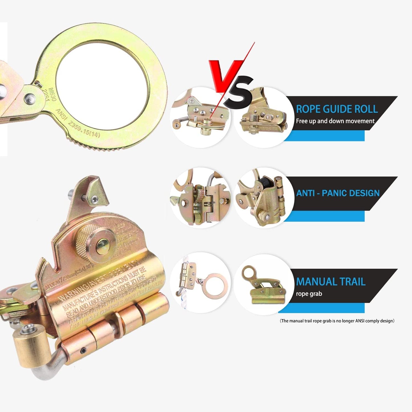 Fall Protection Rope Grab with Anti-Panic Feature, Auto-Trail Double Locking Rope Grabs Fall Arrester, Used with 5/8” Lifeline Rope, for Construction, Climbing, Comply to ANSI/OSHA