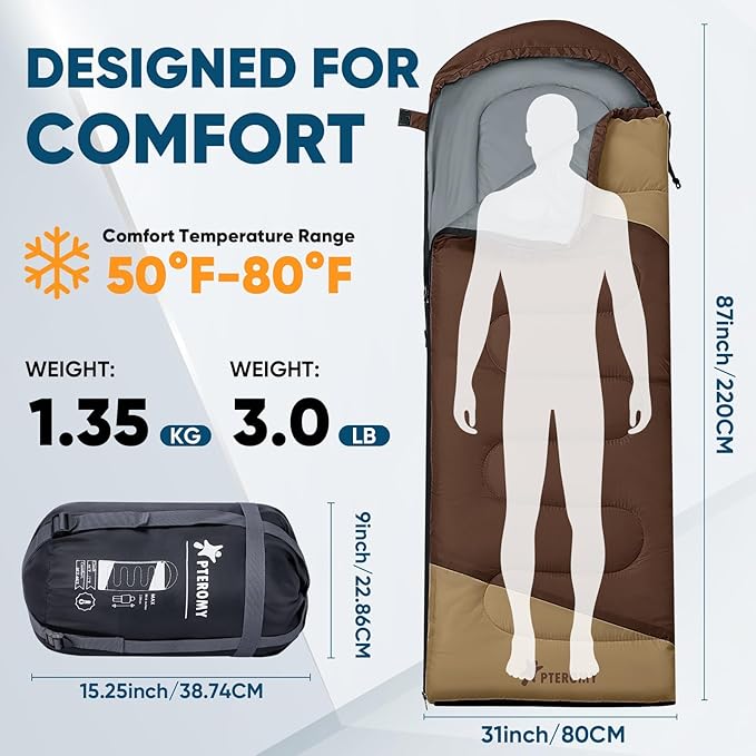 PTEROMY Sleeping Bags for Adults, Lightweight and Machine Washable, Water Resistant Backpacking Camping Sleeping Bag for Warm Cold Weather, Camping Essentials for Hiking Travel