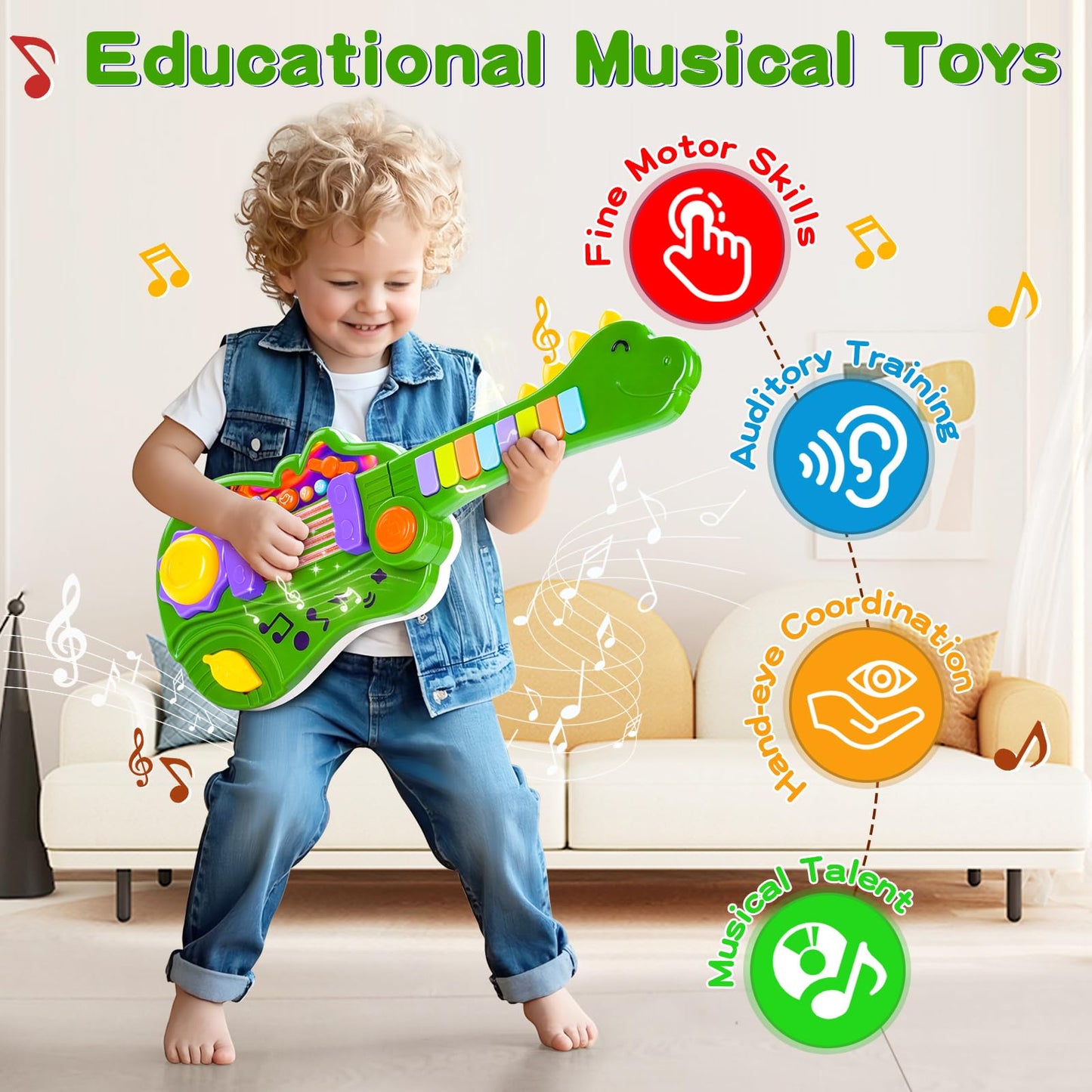Dinosaur Kids Guitar 2-in-1 Musical Instruments for 3 4 5 Year Old Boys Girls Gifts, Toddler Electric Guitar Piano Toy with Strap & Dino Design (Green)