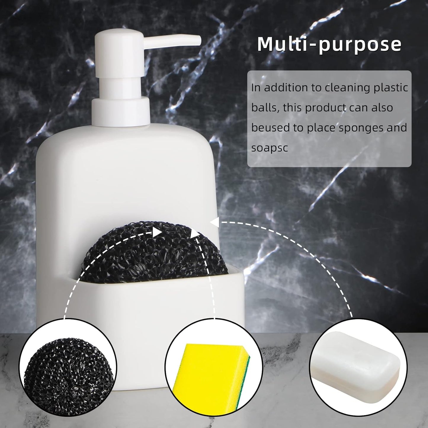 Dish Soap Dispenser - Kitchen Soap Dispenser with Sponge Holder Matte Ceramic Soap Daddy Dispenser 20oz for Kitchen (Matte White)