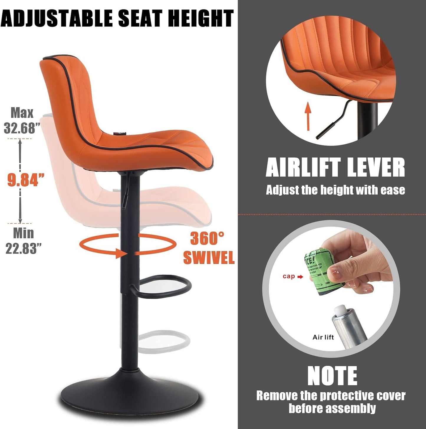 YOUNIKE Orange Bar Stools Set of 4 Modern Swivel Counter Height Bar Chair with Back Adjustable Kitchen Island Faux Leather Padded Barstools taburetes de bar Breakfast sillas para barra de cocina 4PCS