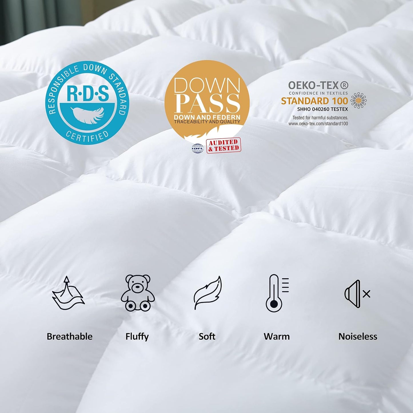 Luxurious All-Season Goose Down Feather Fiber Comforter Queen Size Duvet Insert, Premium White Solid Plain Design, Premium Baffle Box, 100% Egyptian Cotton, 70 oz Fill Weight