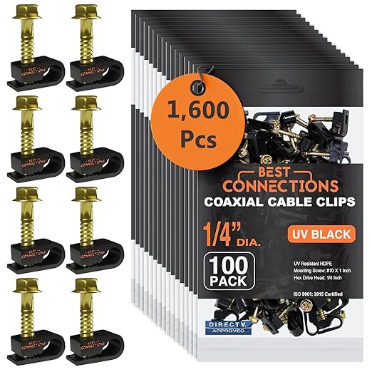 BEST CONNECTIONS Coaxial Cable Clips with Pre-Inserted Screw (1,600 Pack) – Black Single Cable Mounting Clamps for Coax Cable (RG6, RG59) and Ethernet Cable – Cord Fastener/Strain Relief Clip
