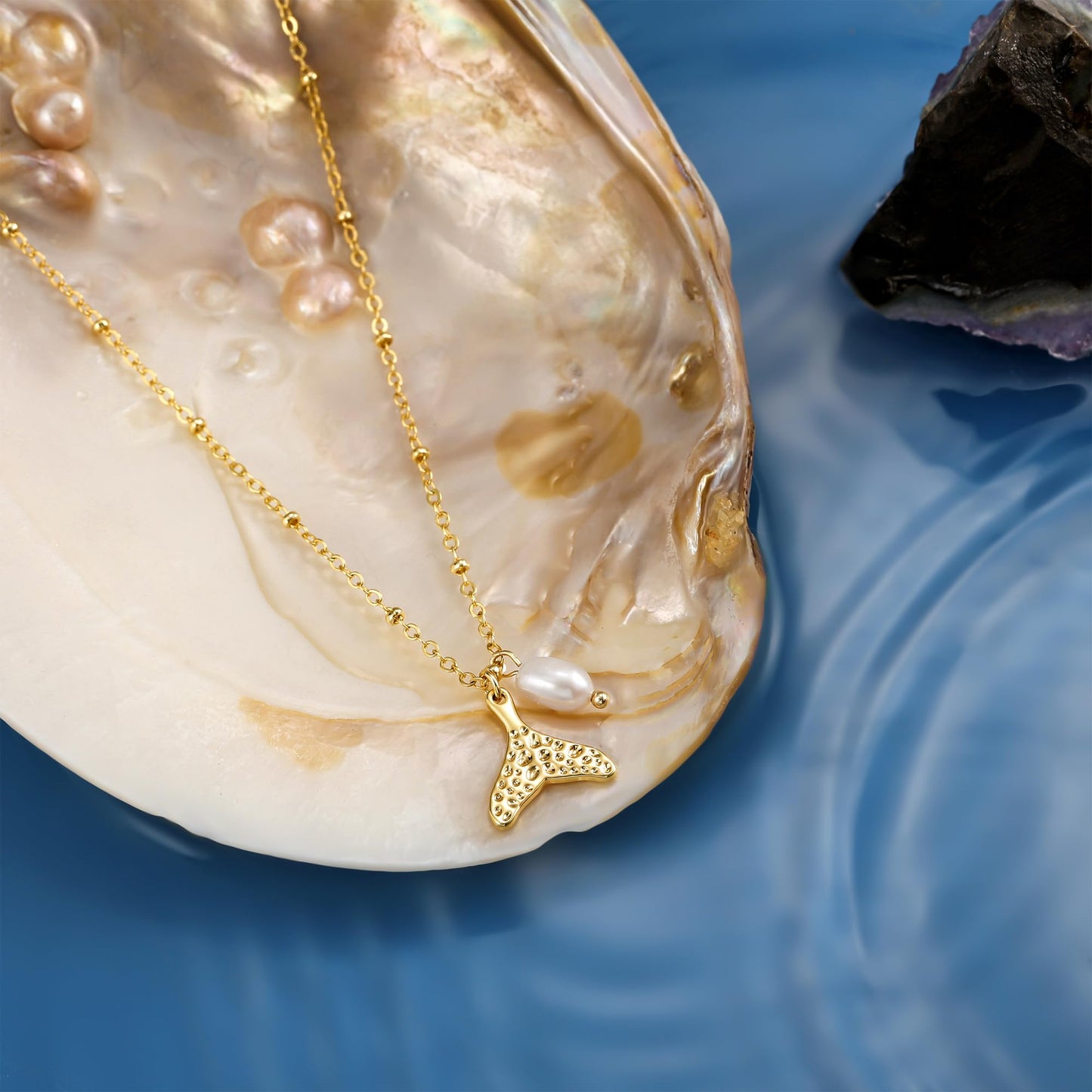 Picuzzy 14K Gold Plated Fish Pendant Necklace for Women Trendy, Sea Fish Tail Beach Necklace Ocean Coastal Tropical Nautical Vacation Summer Jewelry Pearl Accessories for Women
