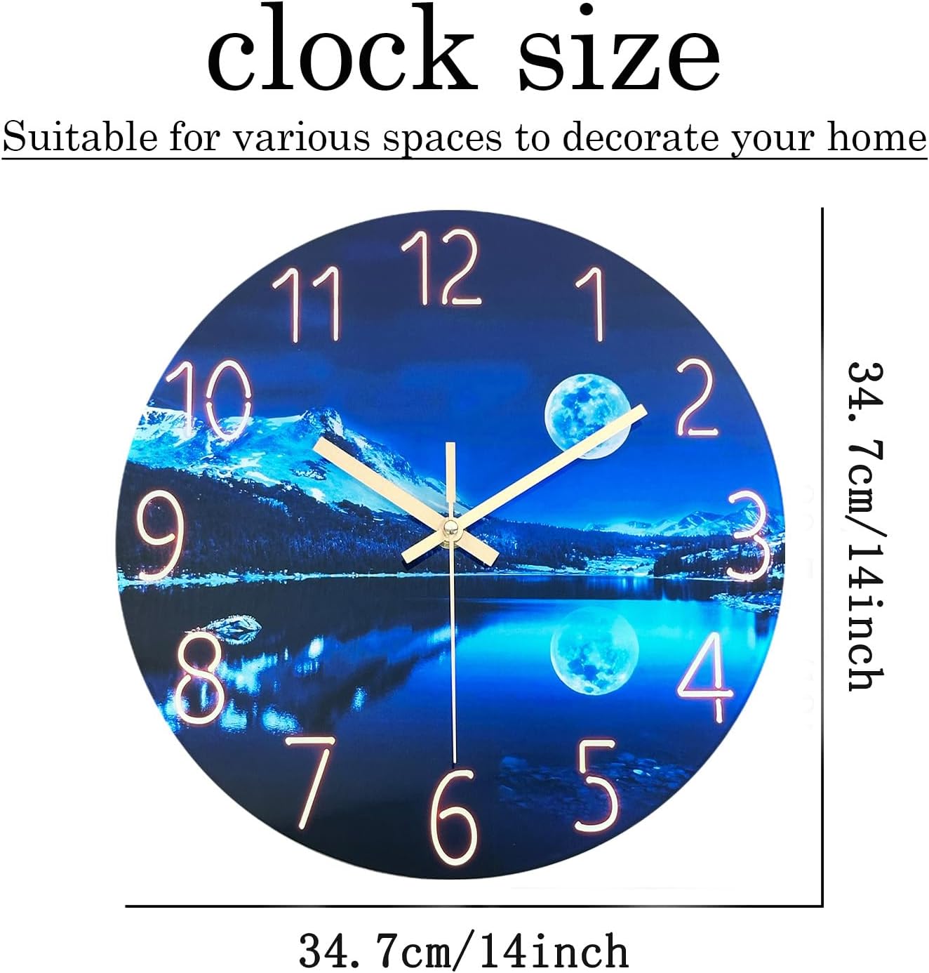 Blue Wall Clocks for Living Room 14 Inch Analog Wall Clock Battery Operated Moon Clock for Kitchen