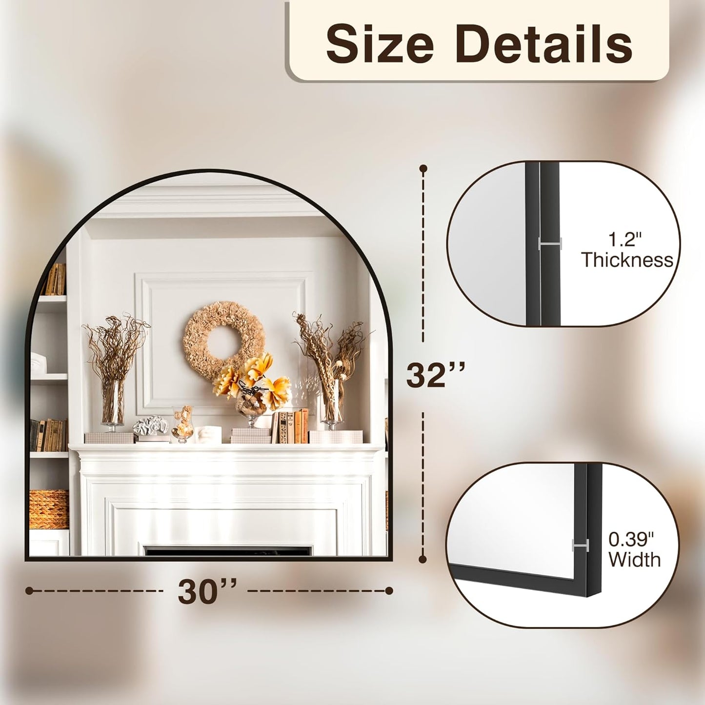 FICTOR Bathroom Vanity Mirror for Wall,32”x30” Arched Metal Framed Bathroom Mirror for Over Sink,Entryway,Living Room,Bedroom(Black)