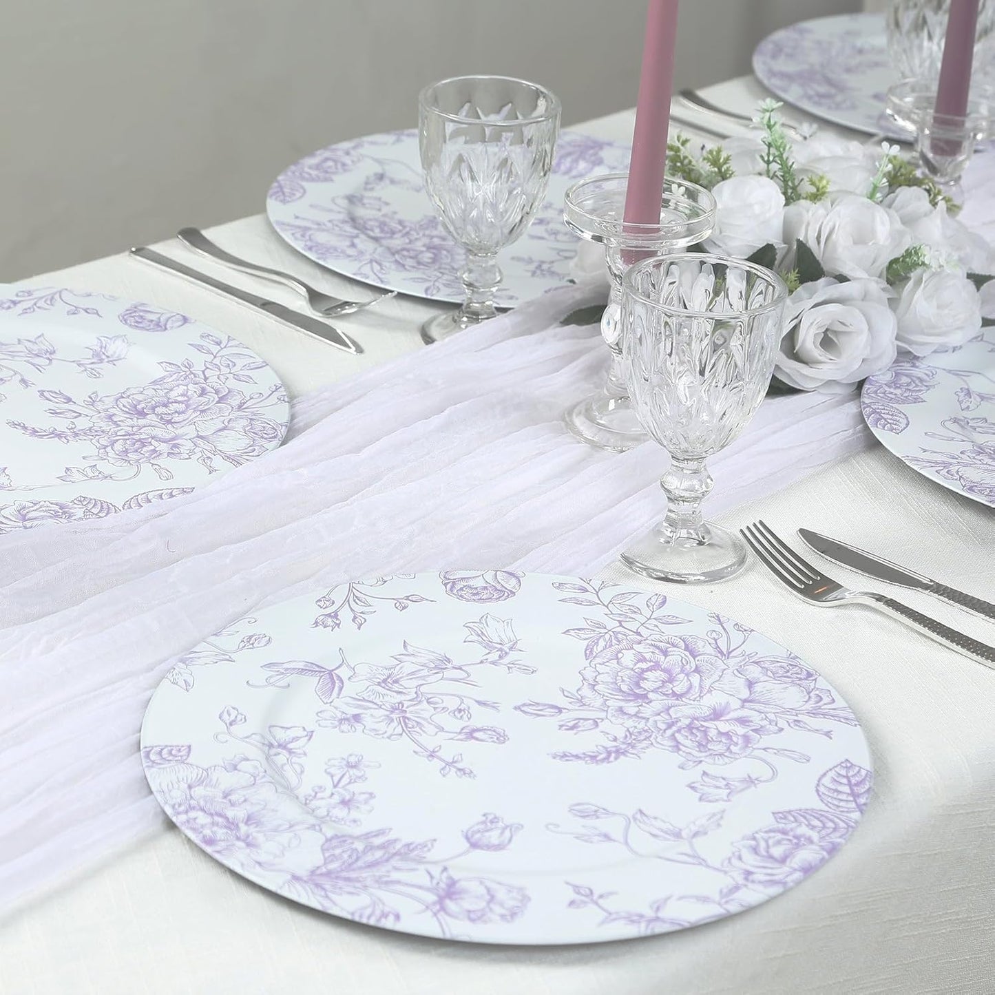 Efavormart 6 Pack Floral Acrylic Charger Plates in French Toile Pattern, Matte Lavender and White Round Dinner Charger Event Tabletop Decor - 13"