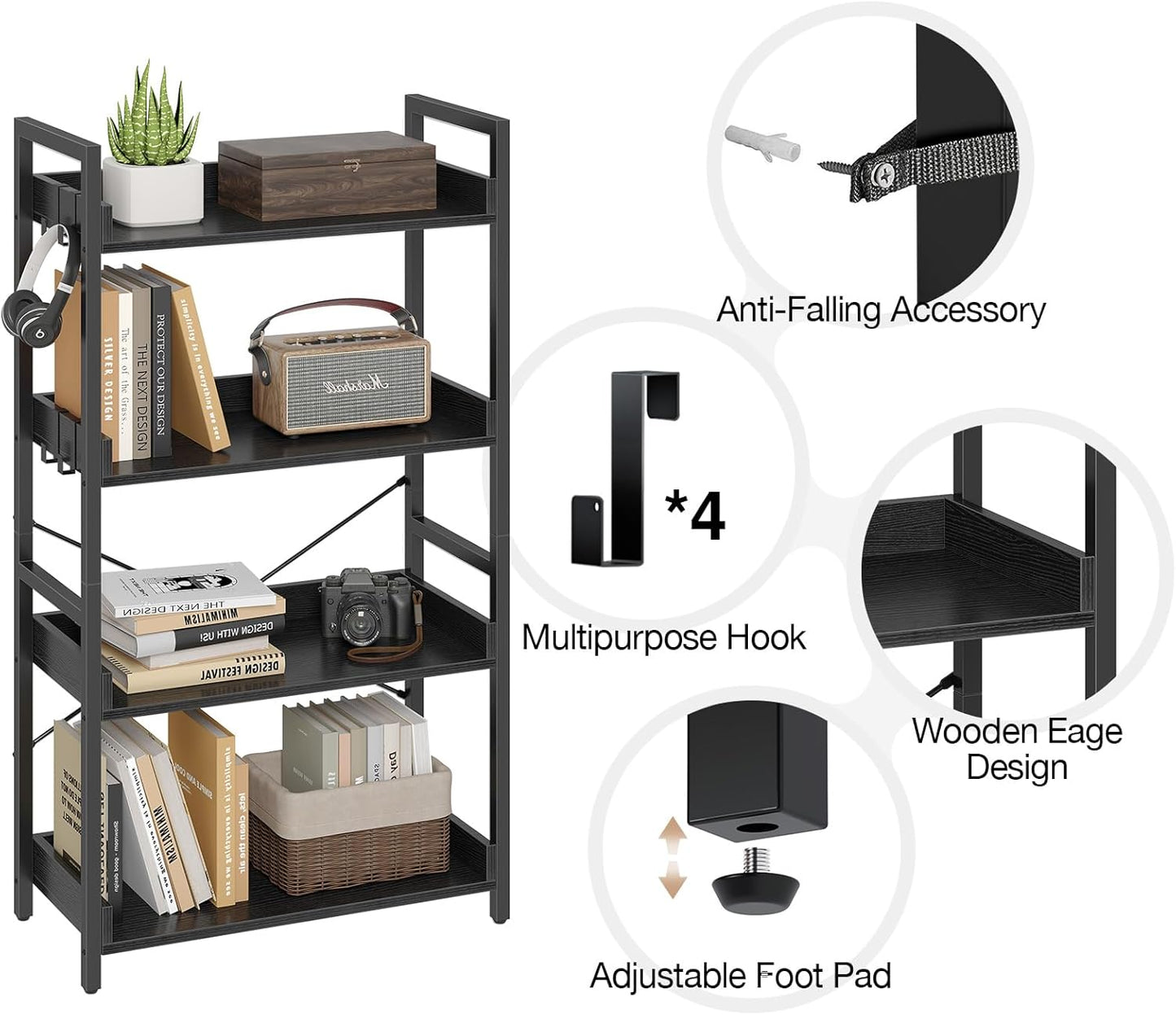 Rolanstar Bookshelf 4 Tier with 4 Hooks, Industrial Bookcase, Vintage Storage Rack with Open Shelves, Rustic Standing Bookshelves Metal Frame Display Rack for Living Room, Bedroom, Black
