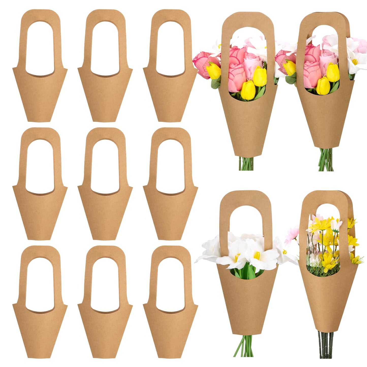 Flower Bags,100 Packs,Flower bags for Bouquets,Kraft Paper Flowers Gift Bags With Handle,Suitable for flower Shops, Weddings, Valentine's Day, Birthday Parties, Thanksgiving, Home Decoration (13.8Inches)
