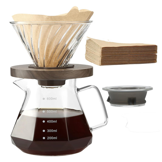 Lalord Pour Over Coffee Maker, 20 oz Borosilicate Glass Carafe with 100 pcs V60 Paper Filter by Gsform, Walnut Handle & Glass Lid, Drip Coffee Maker for Home Café Restaurant Camping, 600 ml, Clear