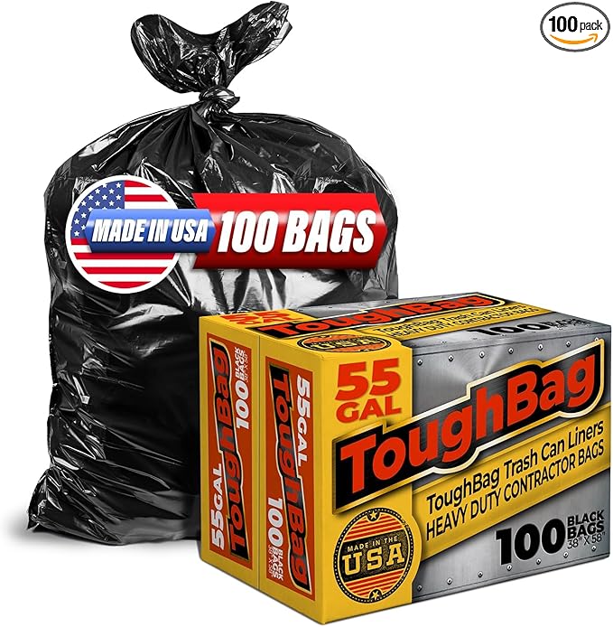 ToughBag 55 Gallon Trash Bags Heavy Duty (100 Count) - 50-60 Gallon Black Garbage Bags, Large Trash Bags - 38 x 58" - Made in USA