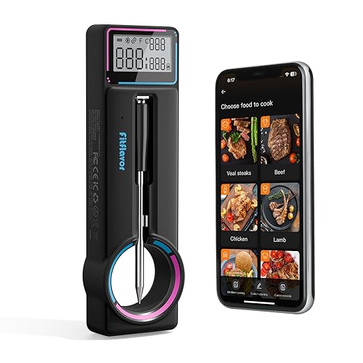 Bluetooth Wirless Meat Thermometer for Smoker Ultra Thin Meat Probe, Fitflavor Wireless Meat Thermometer Probe for Grill BBQ Oven Food Cooking, Waterproof, Alarm, Timer, Data Tracking (FNT21-1)