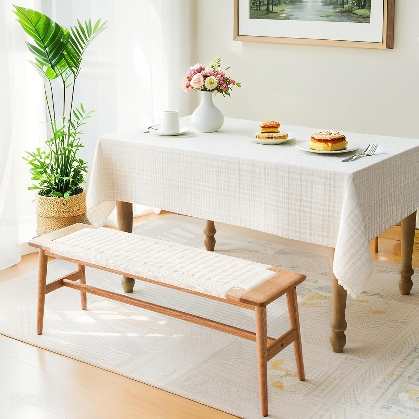 Solid Wood Entryway Bench, Wooden Dining Benches for 2, End of Bed Bench w/Hand-Woven Rope for Bedroom Kitchen Dining Room Living Room Entry Décor (White Rope, 31.49" L)