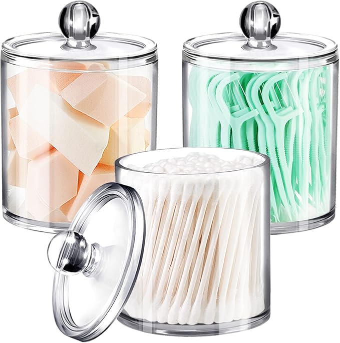 SheeChung 3 Pack Qtip Dispenser Apothecary Jars Bathroom with Labels-Clear Plastic Qtip Holder Storage Set for Cotton Ball/Swab/Rounds,Floss Picks, Hair Clips，Hair Ties