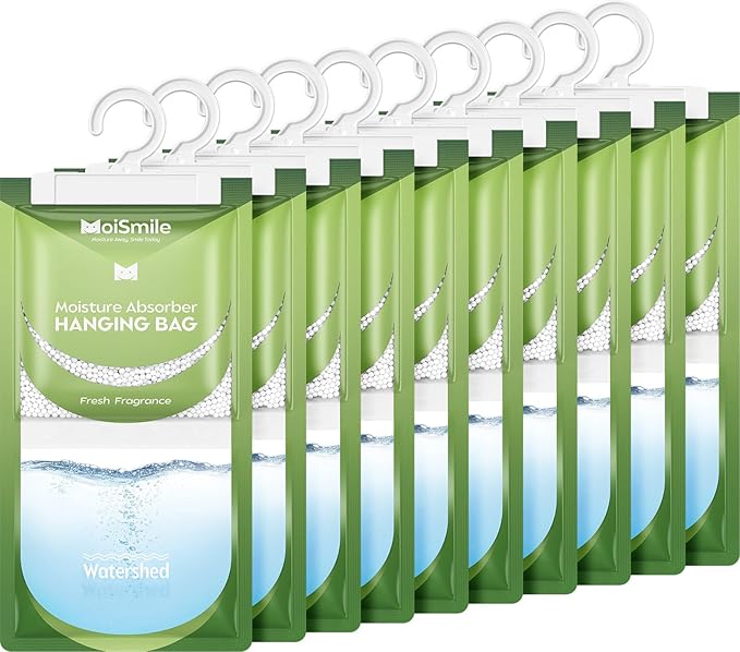 Moisture Absorbers 10 Pack Fresh Fragrance, Hanging Closet Dehumidifier Bags, Humidity Absorber, Compact Eliminates Odors Humidity Packs for Car, Bathroom, Bedroom, Basement, 9.8OZ