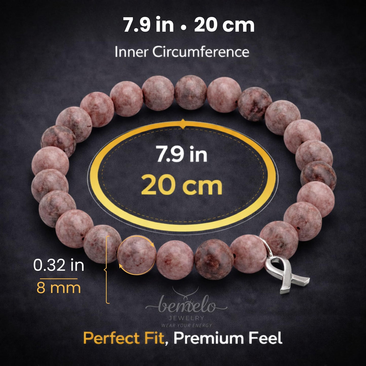 BEMELO Pink Hope Jasper Bracelet – Natural Pink Zebra Jasper Beaded Bracelet with Ribbon Charm, Inspirational Strength & Support Jewelry, Meaningful Handmade Gift for Women
