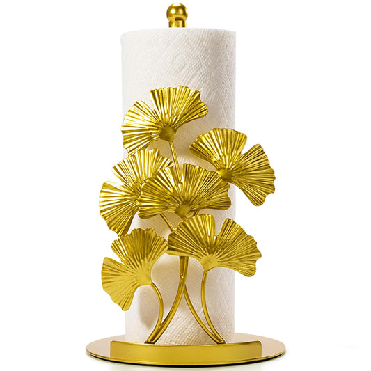 Vintage Gold Ginkgo Paper Towel Holder Countertop - Gold Kitchen Decor and Accessories, Luxury Housewarming Gifts for Women, 3D Ornate Leaf Textured, Retro Design Home Decor, Weighted Base & Felt Pad