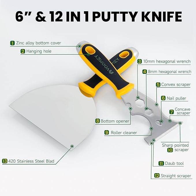Voomey 6 Inch Stainless Steel Putty Knife, 12 In1 Paint Scraper, Drywall Taping Knife 2 Pack, Paint Scraper Tool for Repairing Old Walls, Cleaning Paint Roller Covers, Applying Putty