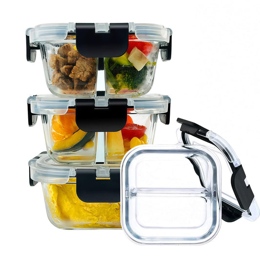 Nafhone Bariatric Meal Prep Containers, 8 oz Glass Bariatric Portion Control Containers with Two 4 oz Compartments (3 Pack), Reusable Lunch Box Bento Box with Lids, Glass Snack Containers with Lids