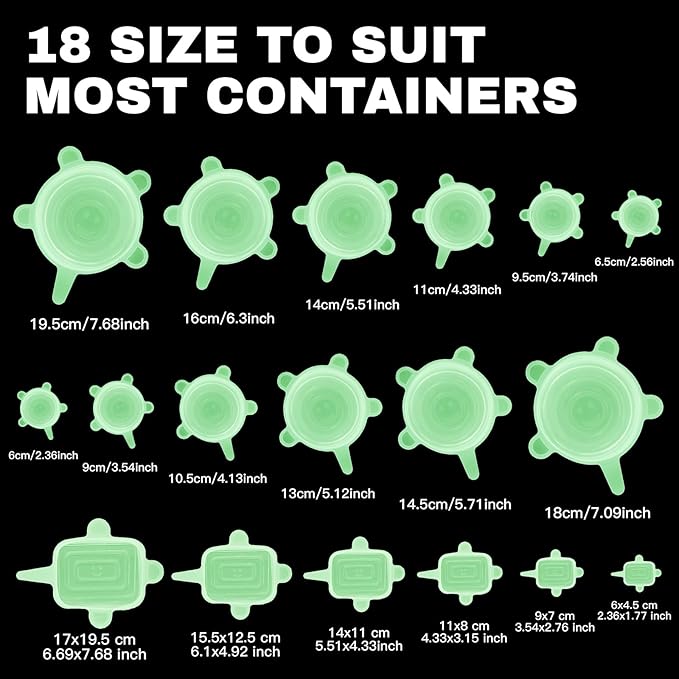 Reusable Silicone Stretch Lids – 18PCS Round & Square Stretchy Food Covers, Airtight & Leakproof, Microwave & Dishwasher Safe Green