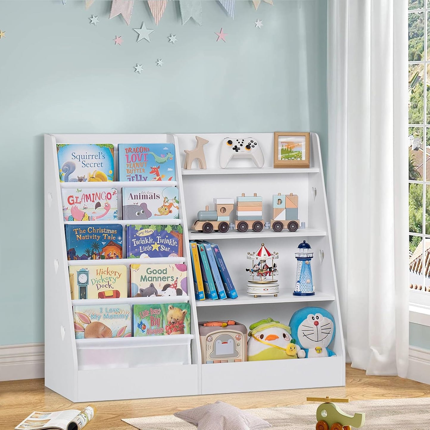 Lerliuo 4 Tier Kids Bookshelf and Storage Organizer, Five Layer Sling Children Bookcase, Baby Toddler Wooden Book Shelf, Display Cabinet for Playroom, Bedroom, Classroom, Nursery, School (White)