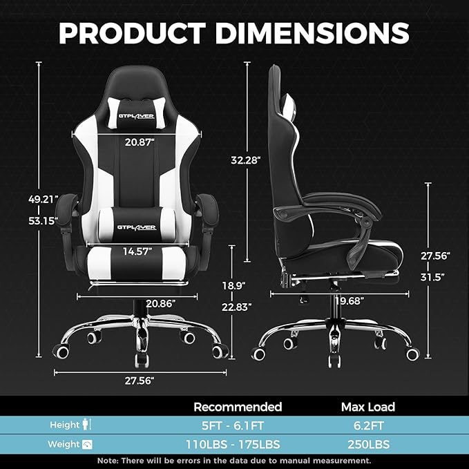 GTPLAYER Gaming Chair, Computer Chair with Footrest and Lumbar Support, Height Adjustable Game Chair with 360°-Swivel Seat and Headrest and for Office or Gaming (Fabric, Black White)