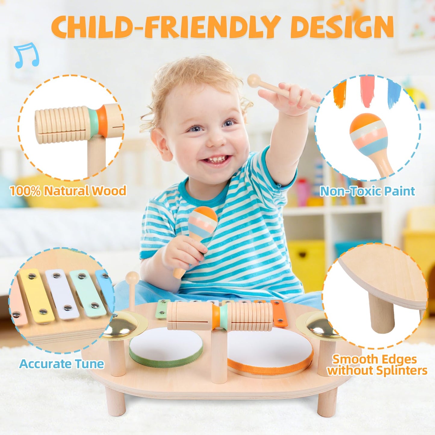 YHHYTOY Toddler Drum Set for Kids, Wooden Montessori Toys for 2 Year Old, Baby Musical Instruments Percussion Set with Xylophone, Toddler Gifts for 2 3 4 Year Old Girls Boys Kids