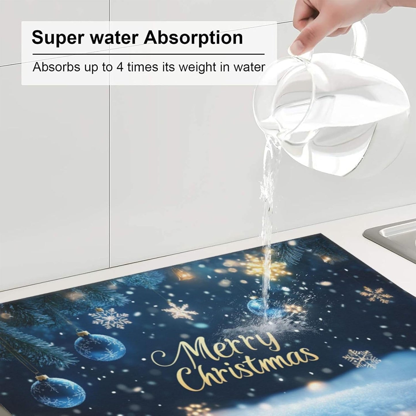 Dish Drying Mat Winter Snowflake Christmas Blue Ball Absorbent Microfiber Non Slip Quick Dry Heat Resistant Holiday Decorative Kitchen Counter Mat for Plates Cups Glasses 16x18 Inch