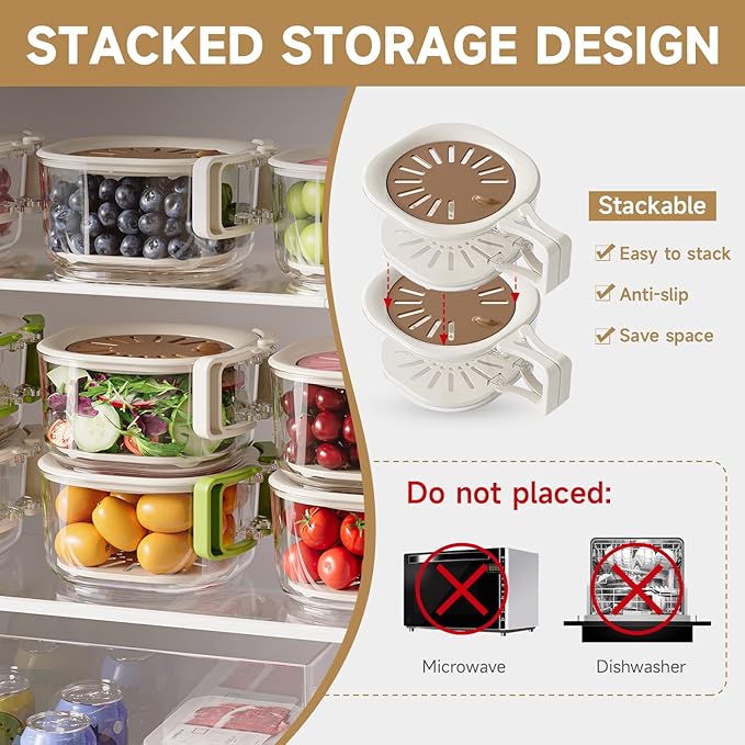 Stackable snake container for kids toddler adult, reusable prep snackle box, Fruit Washing Bowl, Multifunctional, Berry Keeper, Portable Colander Storage Container for Kitchen, Picnic, 2 Pack(Brown)