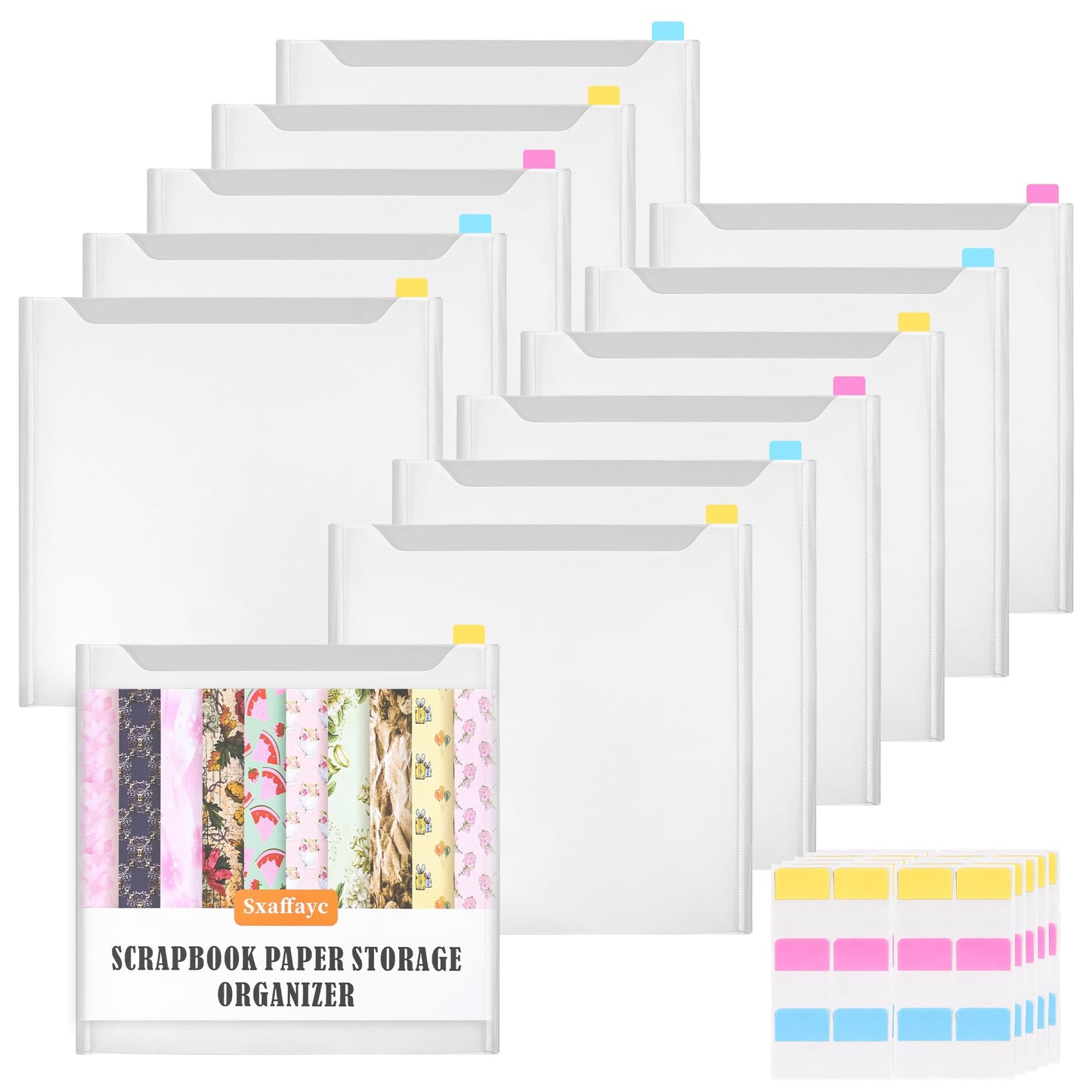 Sxaffayc 12 Pack Scrapbook Paper Storage 12x12 Paper Organizer with 60PCS Sticky Index Tabs for Holding Scrapbooking, Vinyl Sheets, Cardstock and Photos